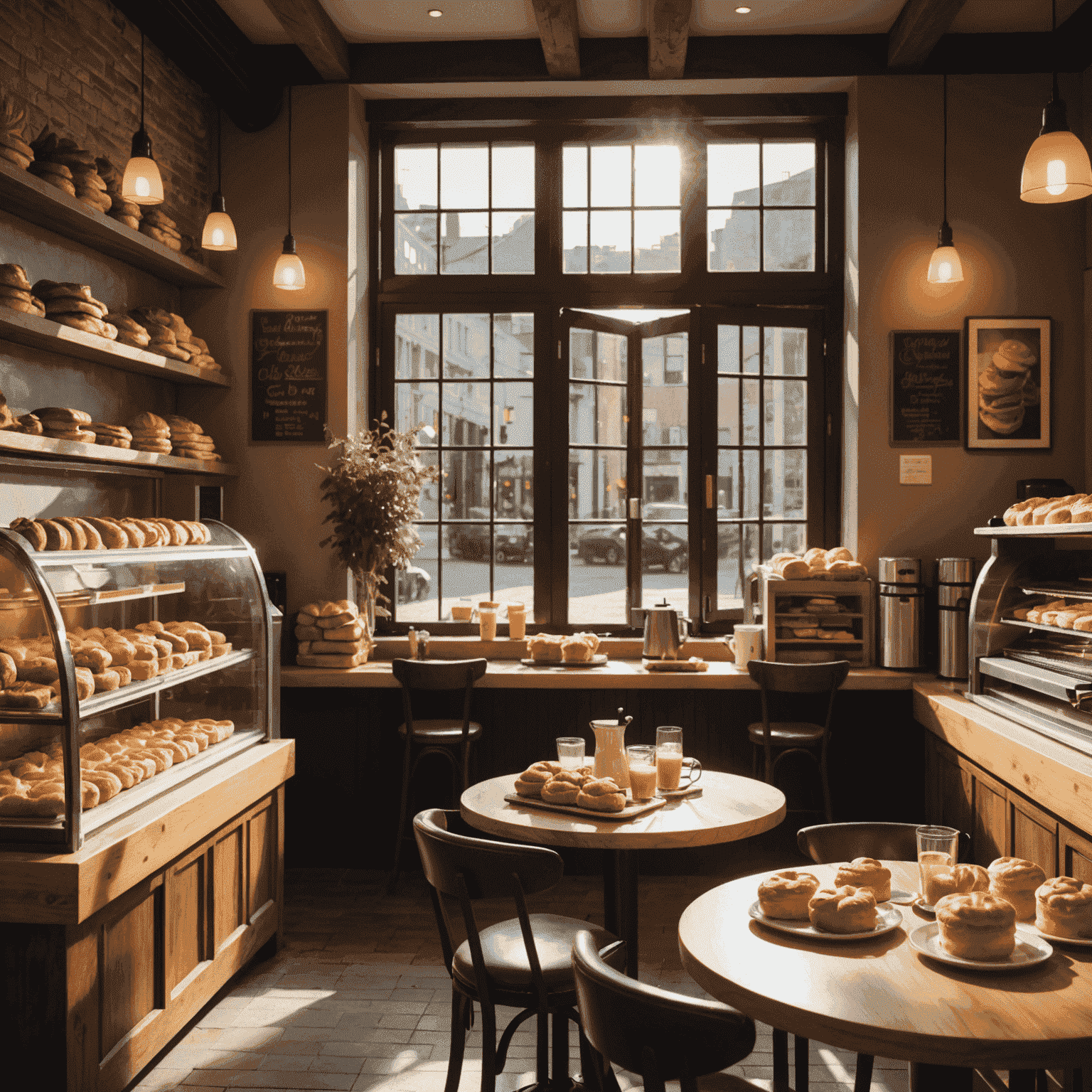 A cozy cafe interior with warm lighting, wooden tables, and comfortable chairs. Sunlight streams through large windows, highlighting a display of freshly baked pastries and a modern espresso machine.