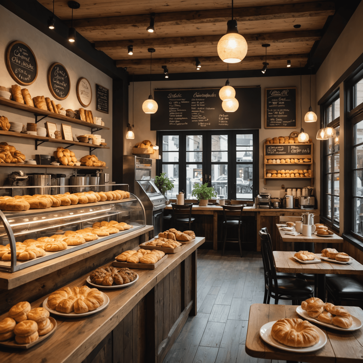 A cozy cafe interior with rustic wooden tables, soft lighting, and a display of freshly baked pastries. Patrons are enjoying coffee and brunch dishes in a warm, inviting atmosphere.