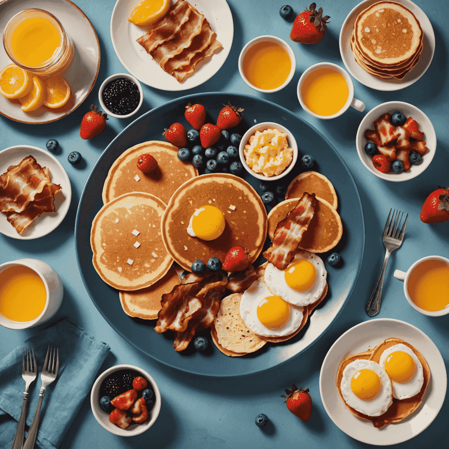 A beautifully arranged plate with various breakfast items including pancakes, eggs, bacon, and fresh fruits. The image showcases the vibrant colors and appetizing presentation of the top 5 morning specials.