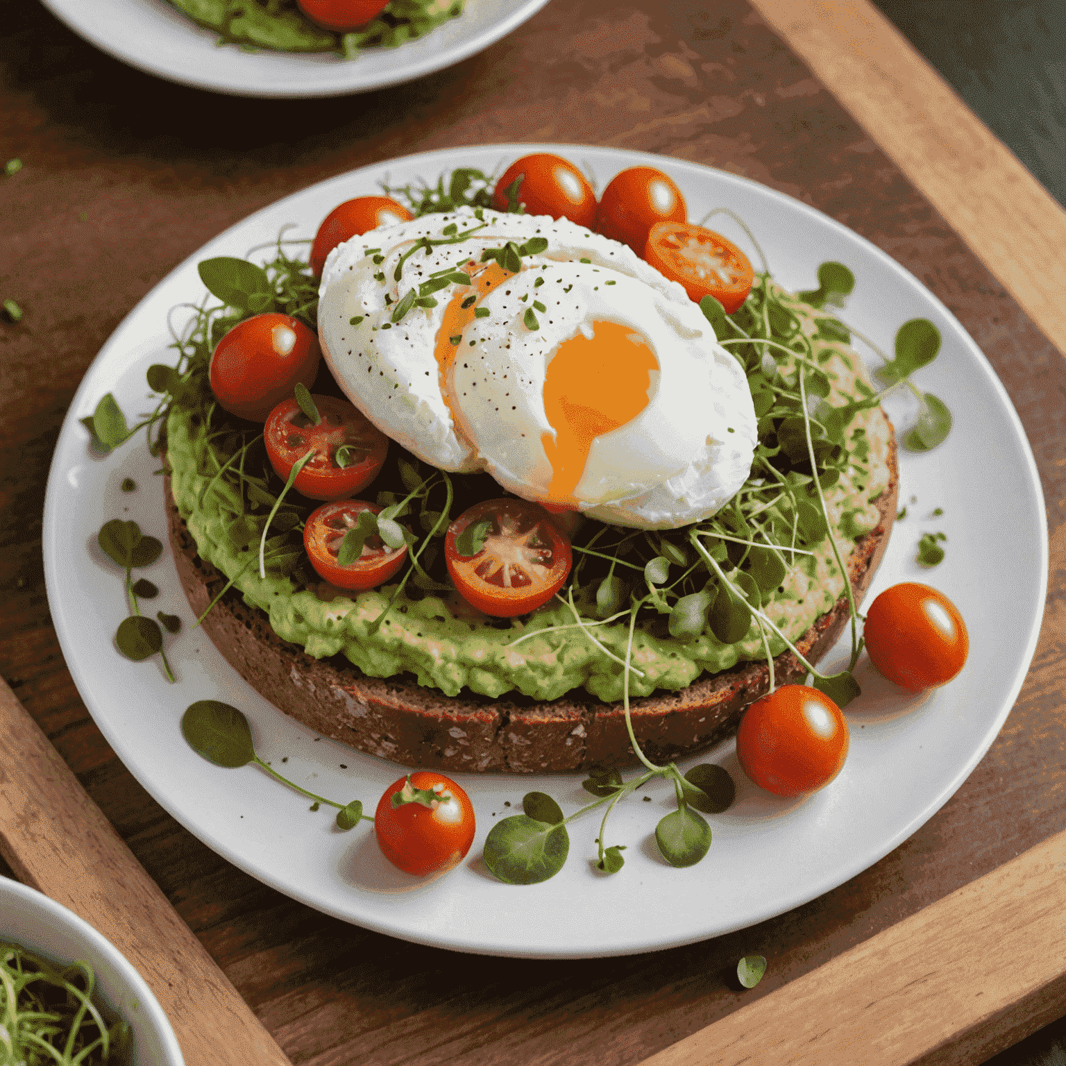 A slice of artisanal bread topped with mashed avocado, cherry tomatoes, and a poached egg, garnished with microgreens