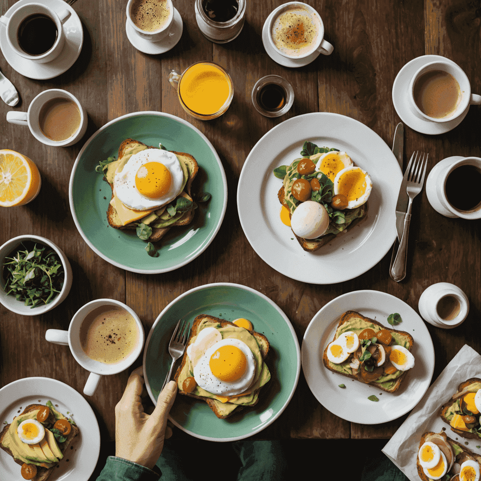 A bustling Warsaw cafe with people enjoying brunch, featuring colorful plates of avocado toast, eggs benedict, and freshly brewed coffee