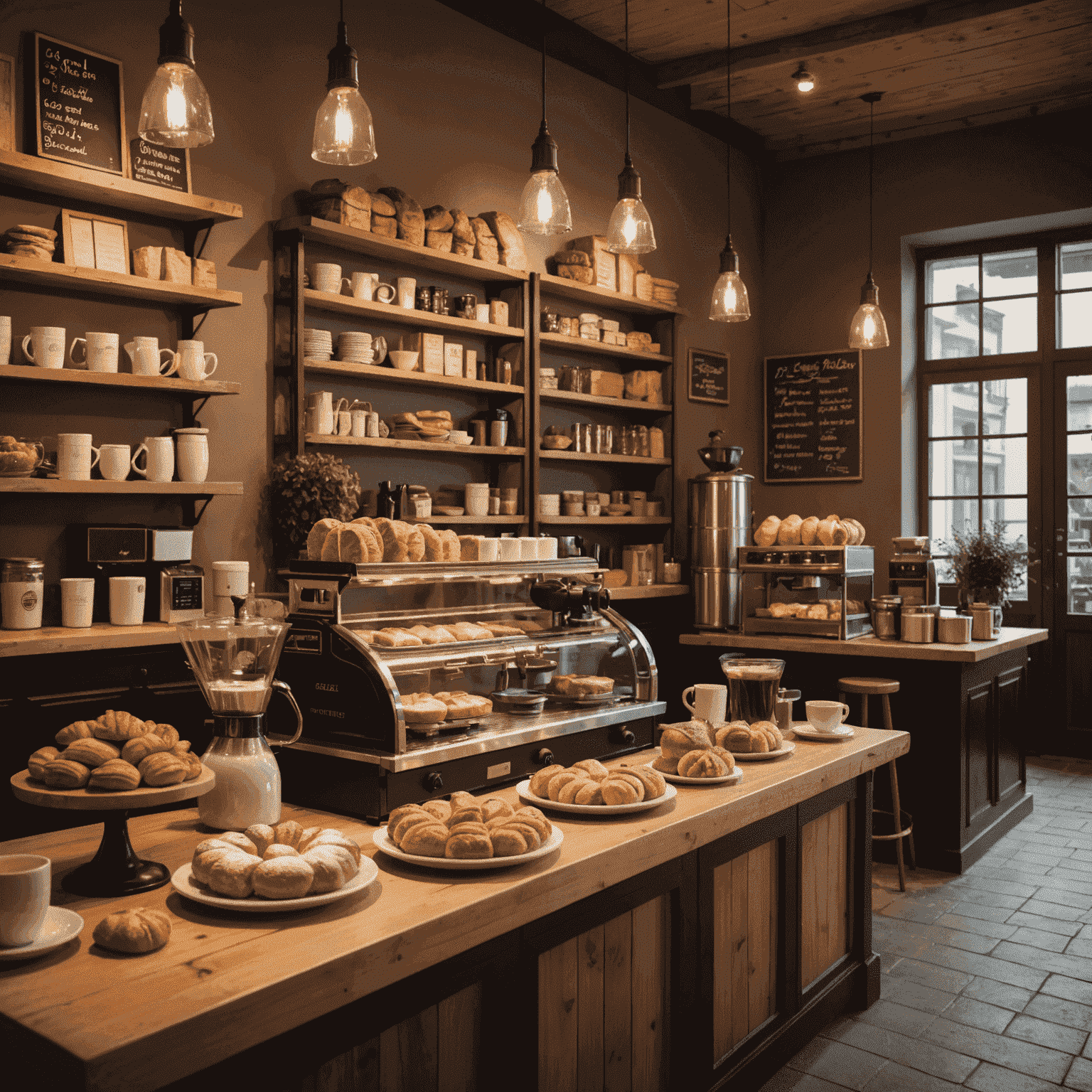 A cozy cafe interior with warm lighting, wooden tables, and a counter displaying various pastries and coffee brewing equipment. The image captures the essence of our cafe's welcoming atmosphere in Poland.