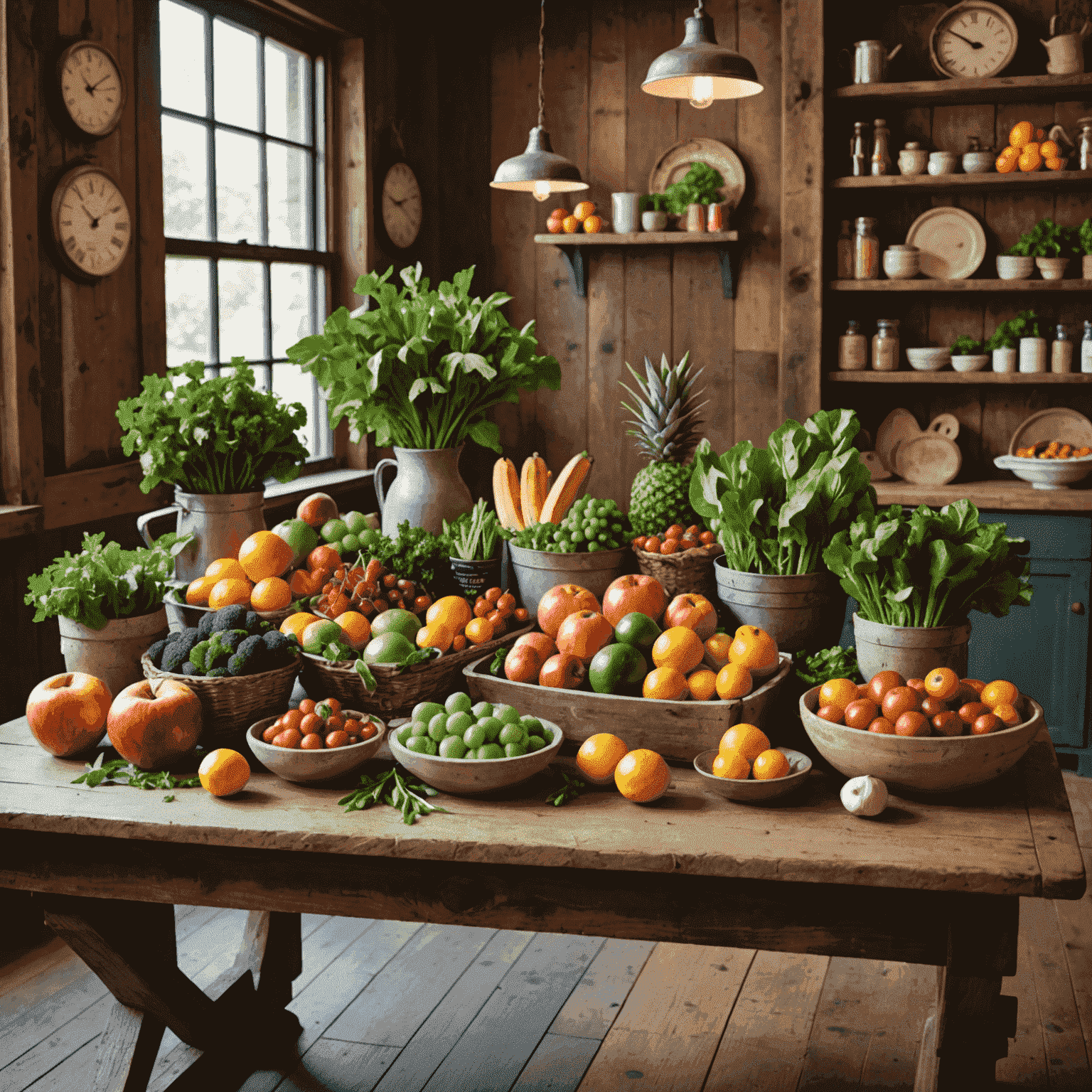 A vibrant display of fresh, seasonal ingredients including colorful fruits, vegetables, and herbs arranged on a rustic wooden table in our cafe kitchen