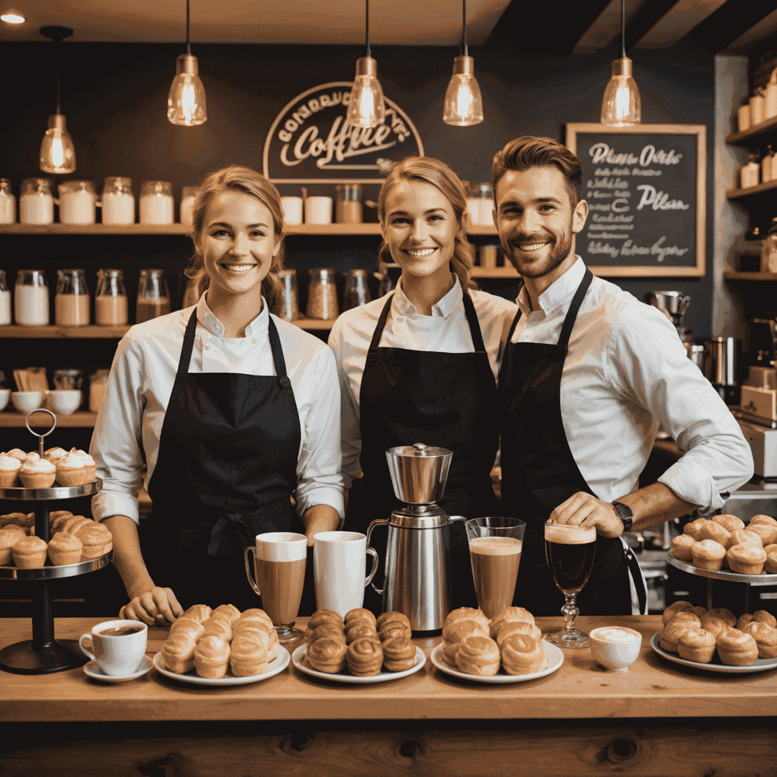 A group of smiling baristas standing behind a coffee bar, surrounded by various coffee brewing equipment and a display of freshly baked pastries