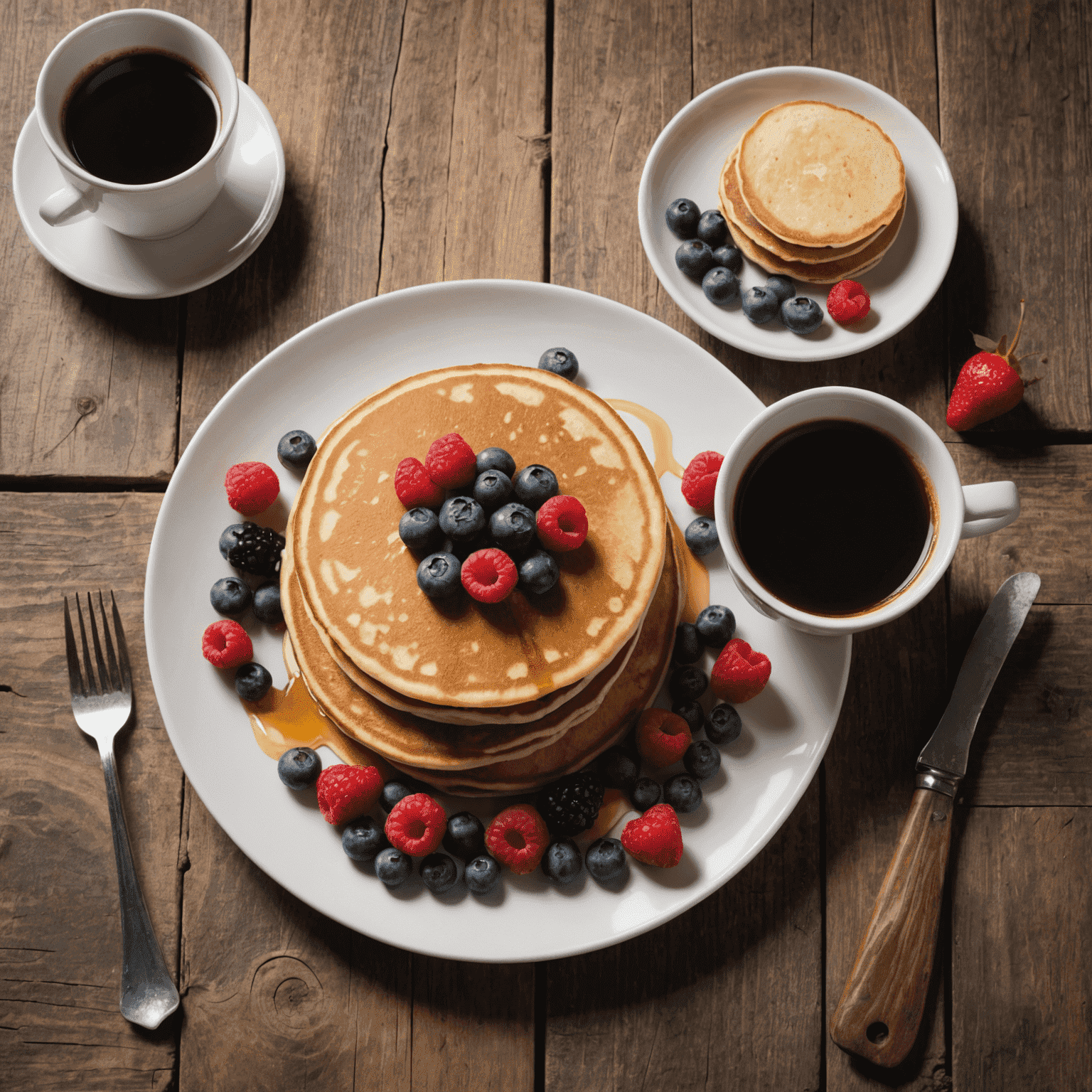 A beautifully arranged breakfast plate with pancakes, fresh berries, and a cup of steaming coffee. The plate is set on a rustic wooden table with natural light streaming in.