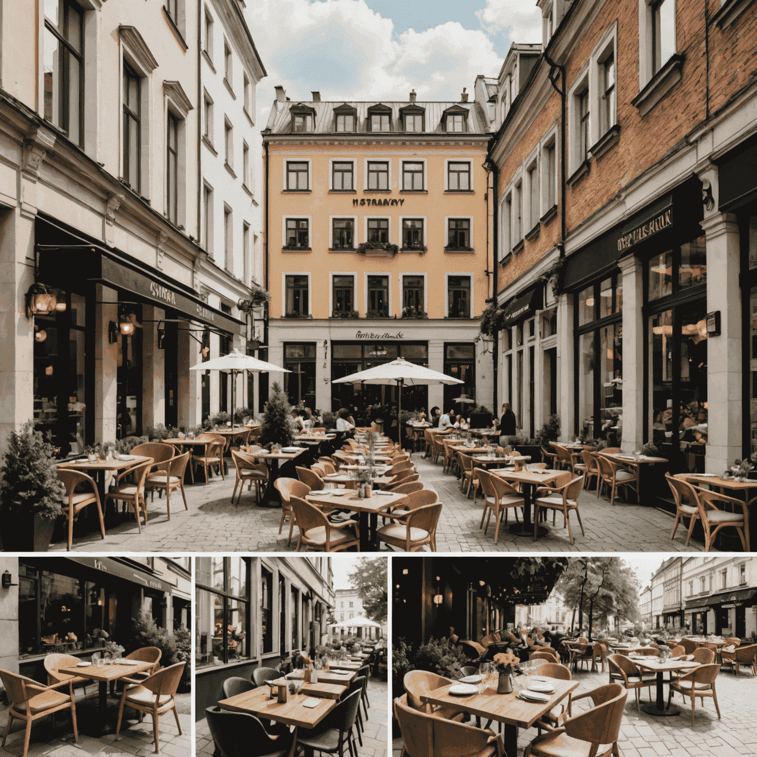 A collage of various brunch spots in Warsaw, featuring outdoor seating areas, interior designs, and signature brunch dishes from different cafes including our own.