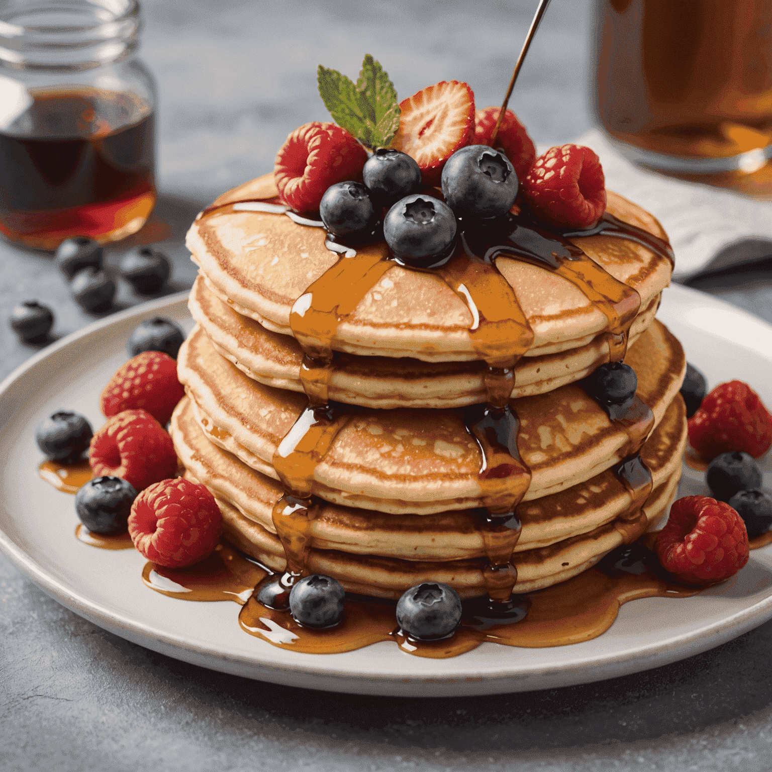 A stack of fluffy pancakes topped with a variety of fresh berries and a drizzle of maple syrup