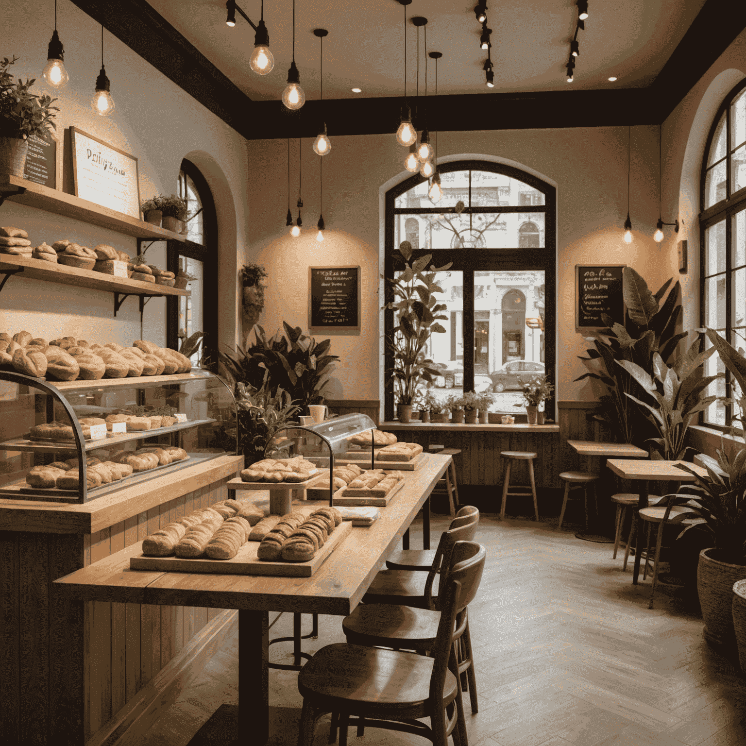 The interior of Plinosad Cafe, showing a warm and inviting space with wooden tables, plants, and a display of freshly baked pastries