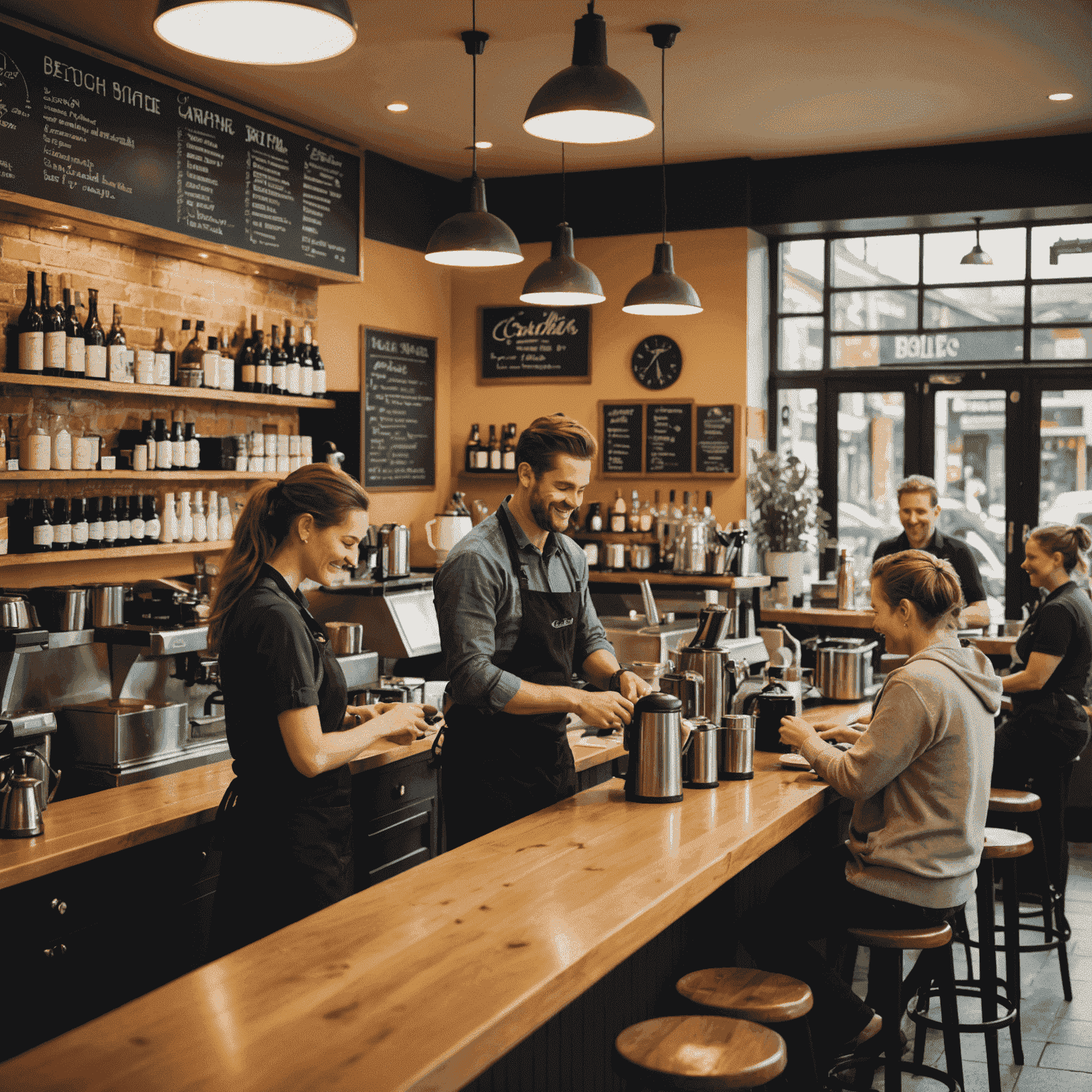 A busy morning at our cafe, with smiling staff serving customers at tables and preparing coffee at the bar. The image showcases the vibrant atmosphere and community feel of our establishment.