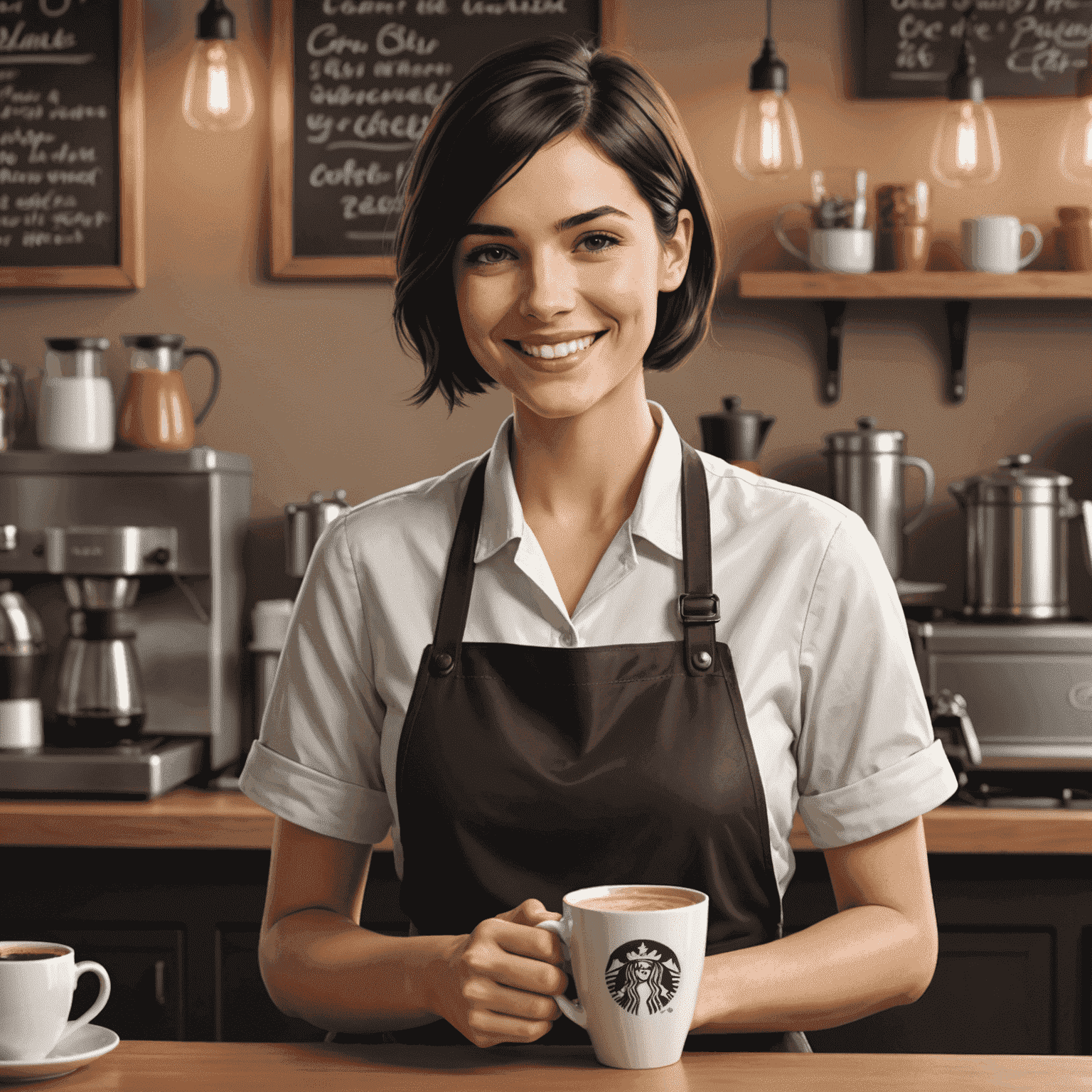 Ania, a young woman with short dark hair and a warm smile, wearing a barista apron and holding a freshly brewed cup of coffee