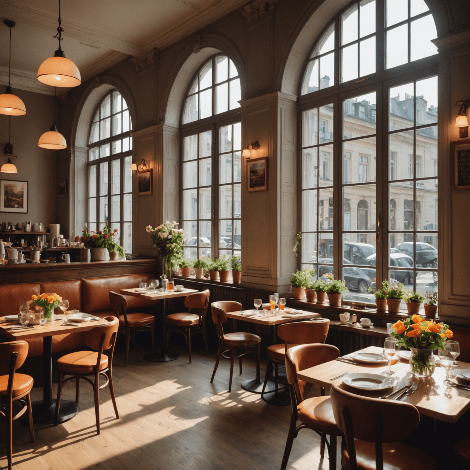 A cozy cafe interior in Warsaw, with sunlight streaming through large windows. Tables are set for brunch with colorful dishes and fresh flowers. People are enjoying their meals and coffee.