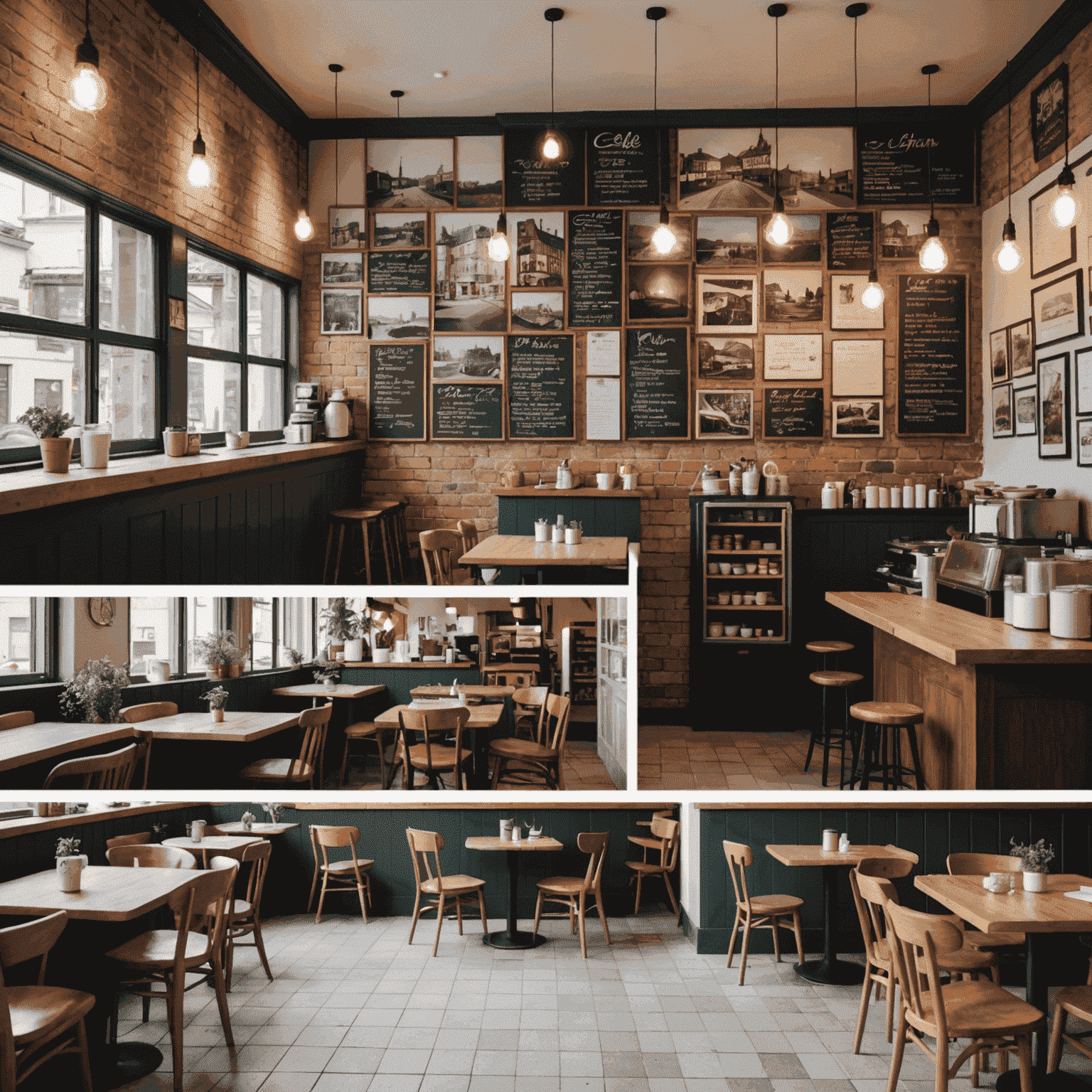 A timeline-style image showing the evolution of our cafe, from a small corner shop to a bustling breakfast and brunch destination in Poland. The image includes old photographs and modern snapshots of the cafe's interior and exterior.