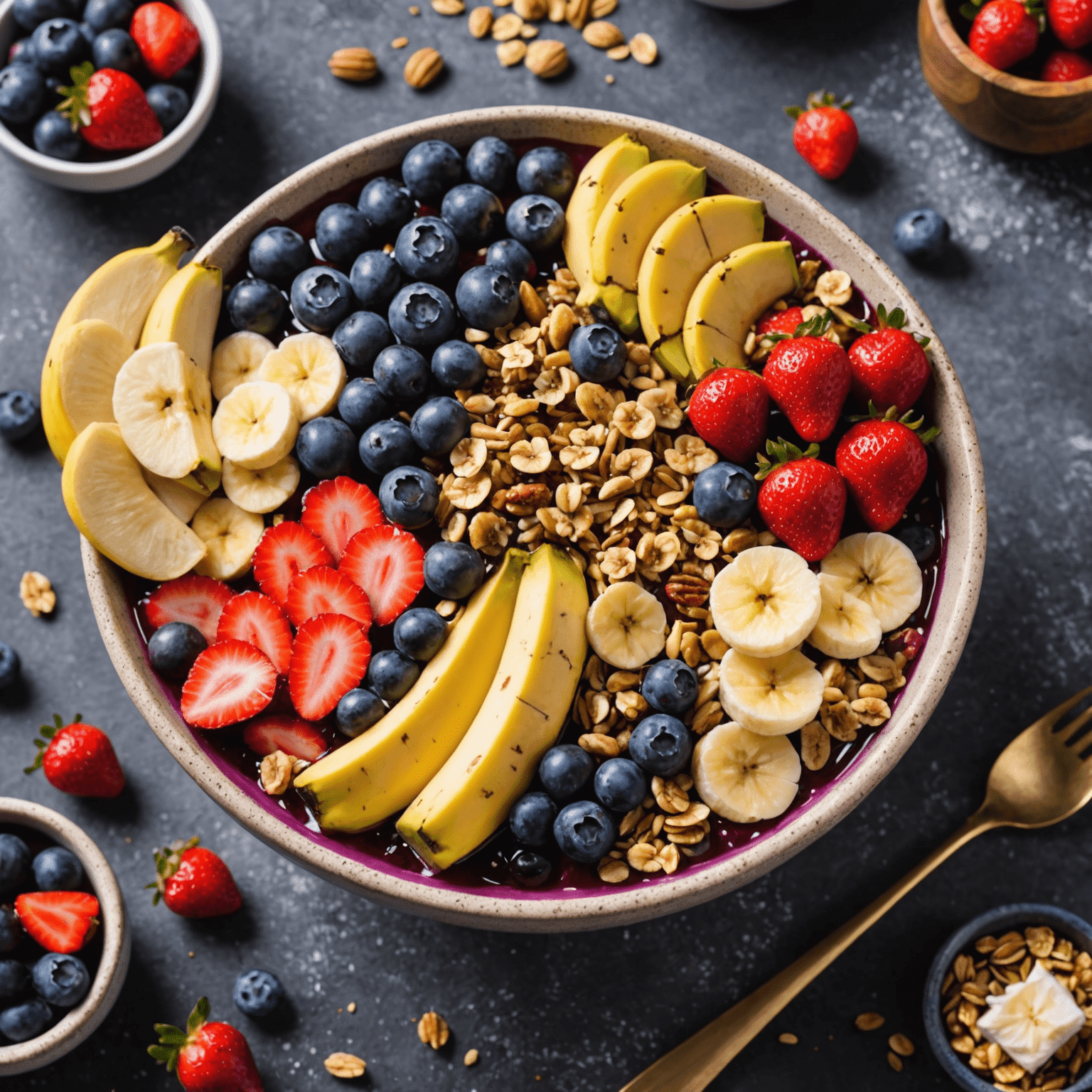 A vibrant acai bowl topped with sliced bananas, strawberries, blueberries, granola, and a drizzle of honey