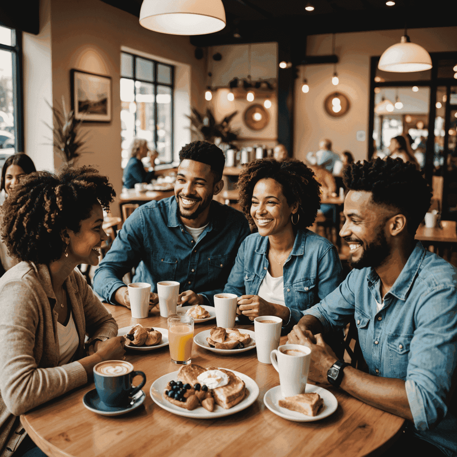 A group of diverse, happy customers enjoying breakfast and coffee at our cafe. The image captures the joy and connection that our cafe fosters in the community.