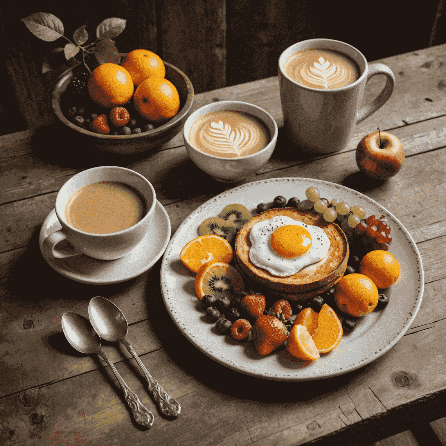 A beautifully presented breakfast plate with a seasonal main dish, side of fresh fruits, and a perfectly crafted latte in a rustic ceramic mug