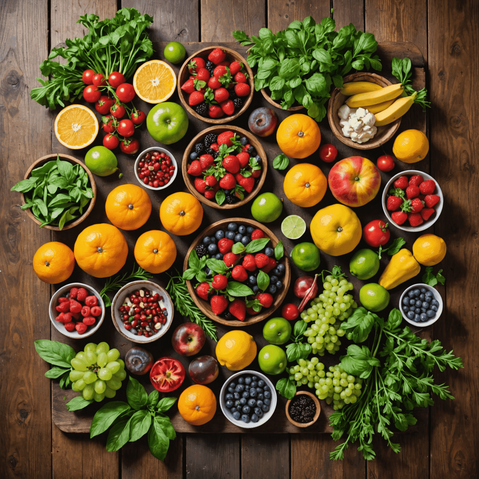 A vibrant display of fresh, seasonal ingredients used in our menu. The image shows a variety of colorful fruits, vegetables, and herbs arranged on a rustic wooden table, emphasizing the local and seasonal aspect of our ingredients.