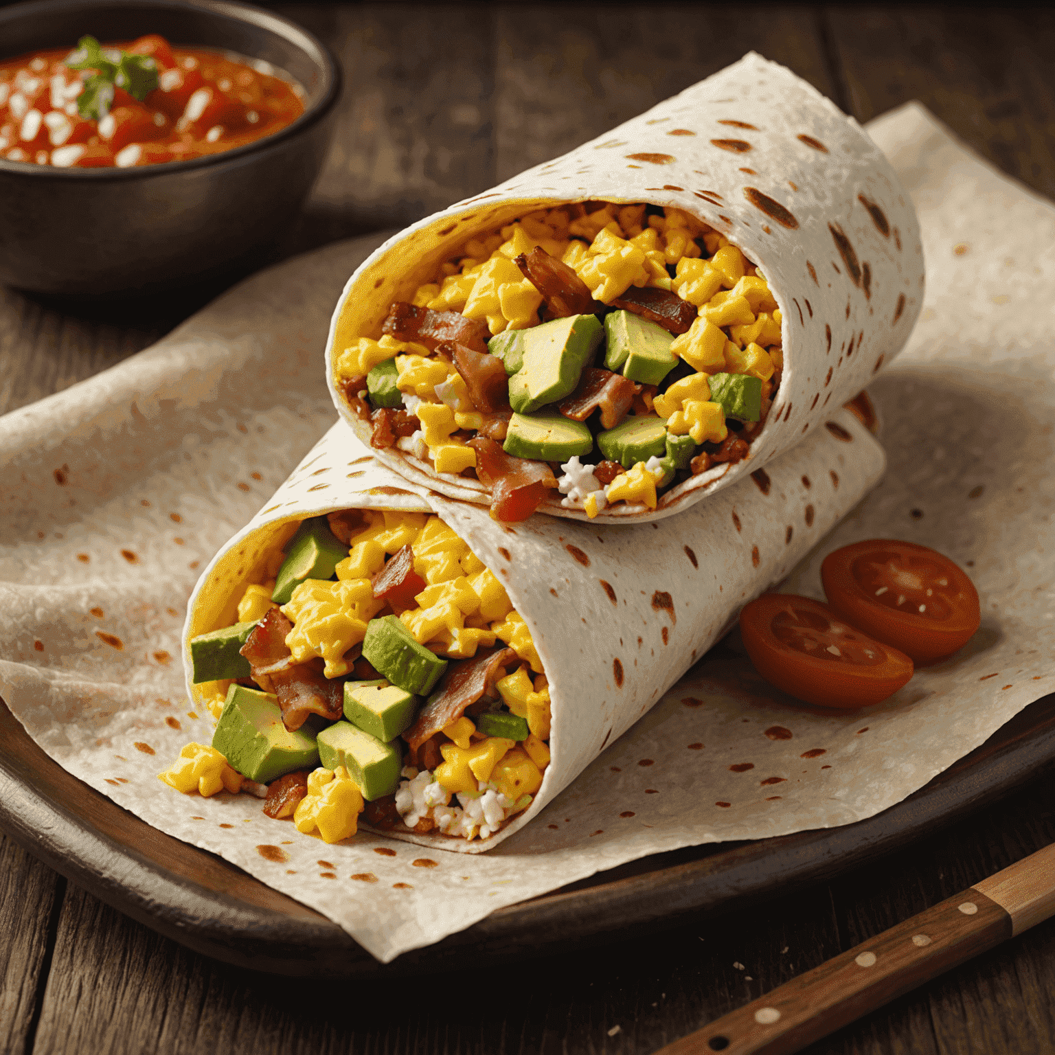 A large burrito filled with scrambled eggs, cheese, avocado, and bacon, wrapped in a flour tortilla and served with salsa