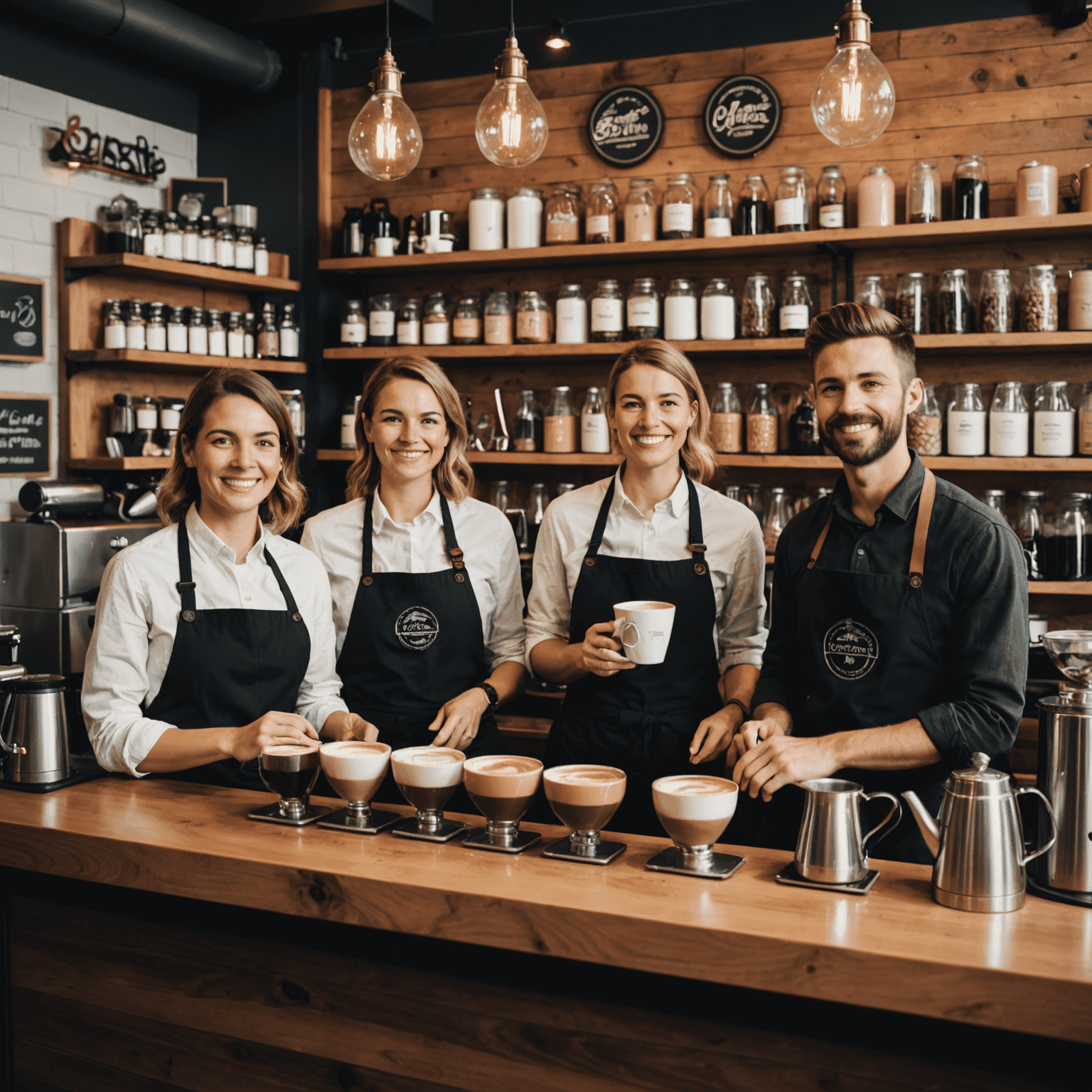 A group photo of our skilled baristas standing behind the coffee bar, surrounded by various coffee brewing equipment. Each barista is holding their favorite coffee creation, showcasing the diversity of our coffee offerings.