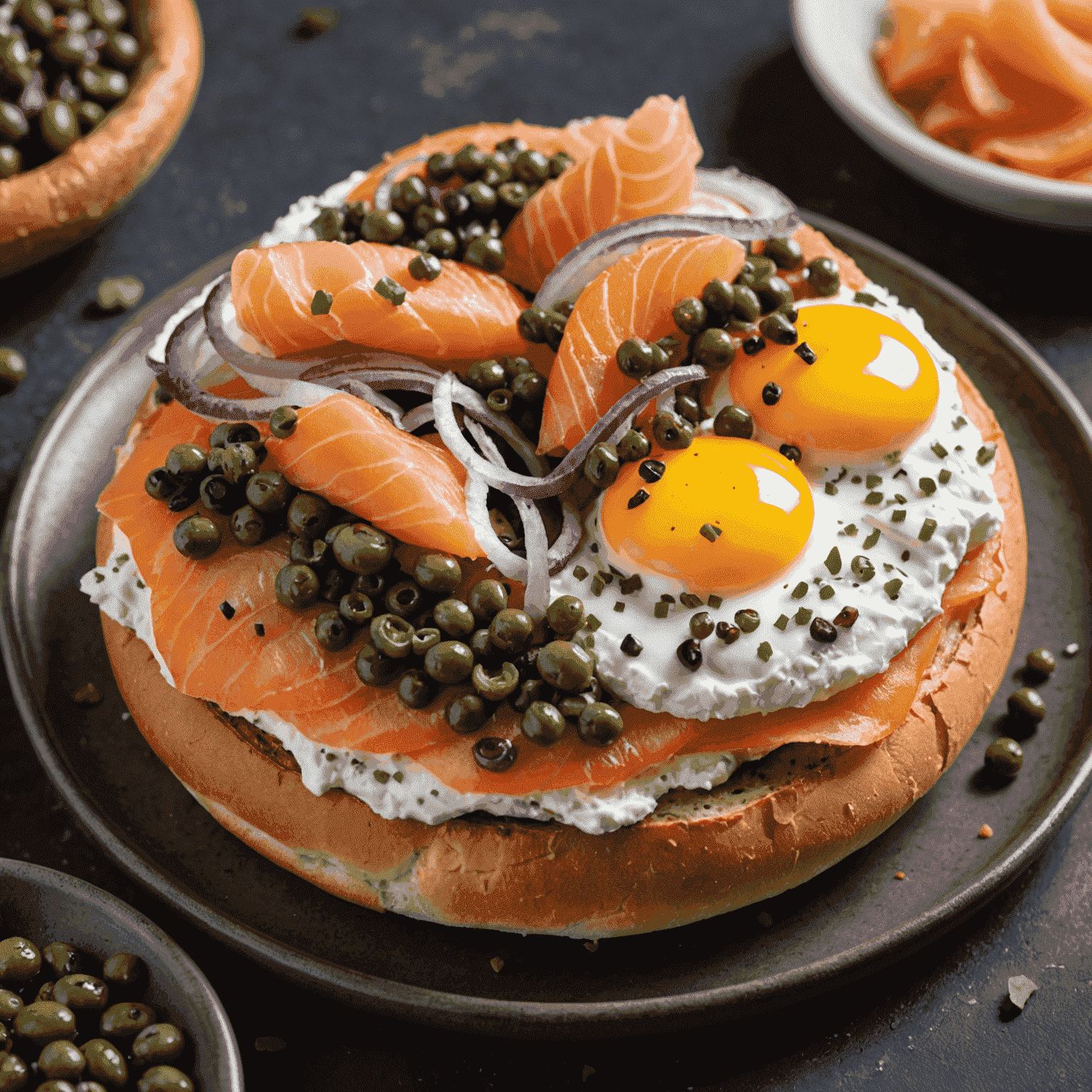 An open-faced bagel topped with cream cheese, smoked salmon, red onions, and capers